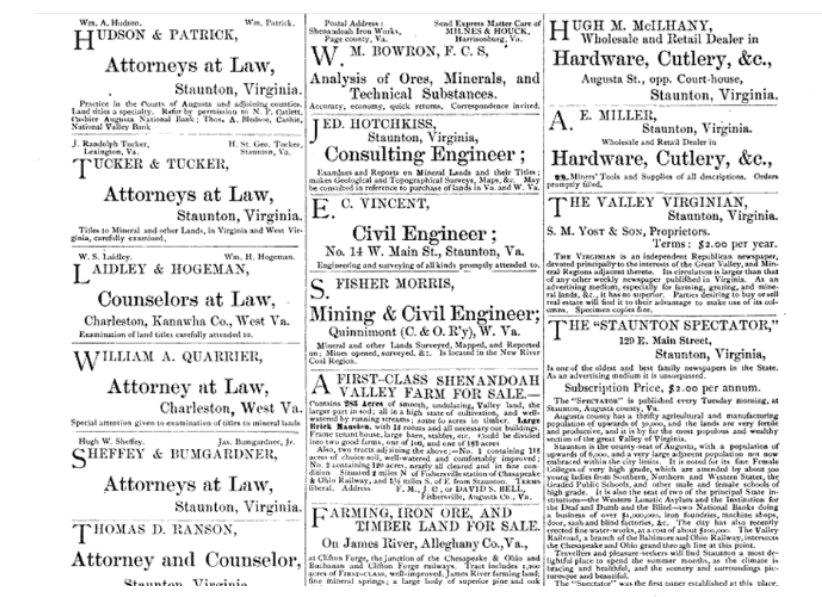 A sample of the ads in the Two Virginias, a journal that promoted mining in the 1880s. The page has columns of classified ads.