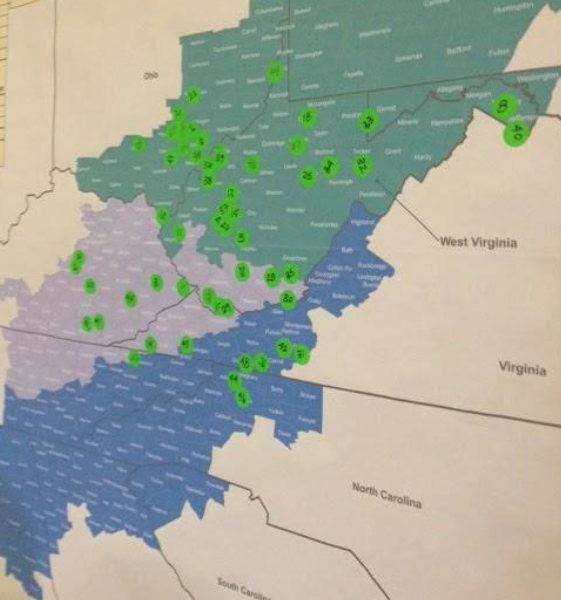 A map of Central Appalachia with stickers that show where food hubs were happening in 20187.