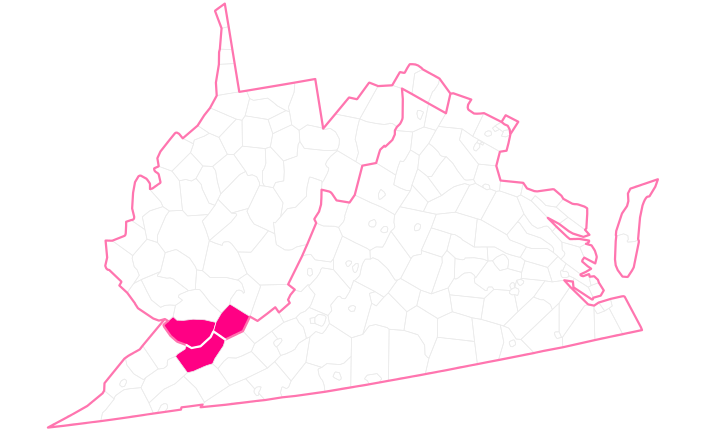 A map of WV and VA that shows the three county area of the Pocahontas Coalfield.